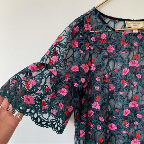 Anthropologie Moulinette Soeurs Black Pink Embroidered Floral Mesh Tunic S - Picture 7 of 10